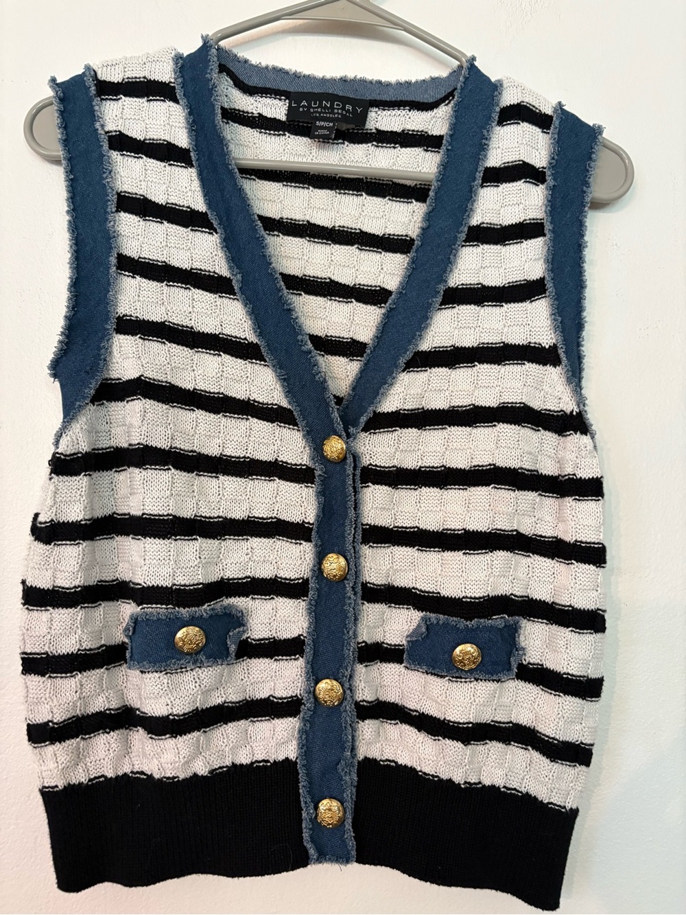 Laundry by Shelli Segal Striped Sleeveless Cardigan - Black, White & Denim Trim - Picture 2 of 4